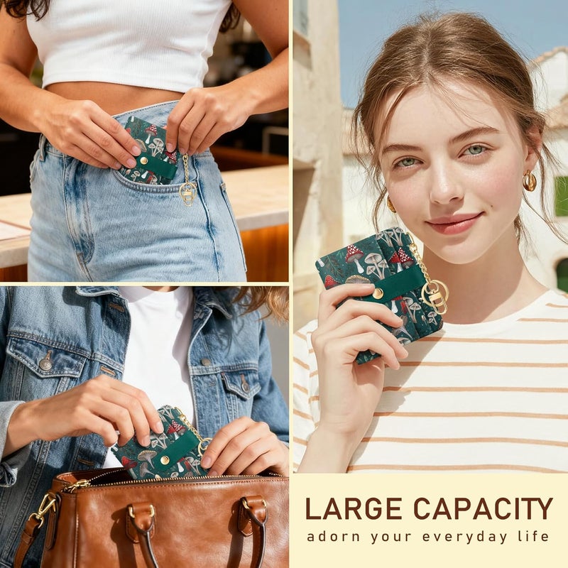 Jogjam Mushroom Green Rfid Ladies Wallet, Small Slim Thin Compact Credit Card Women Wallet, PU Leather Bifold Cash Zipper Coin Pocket ID Window for Female - Image 2